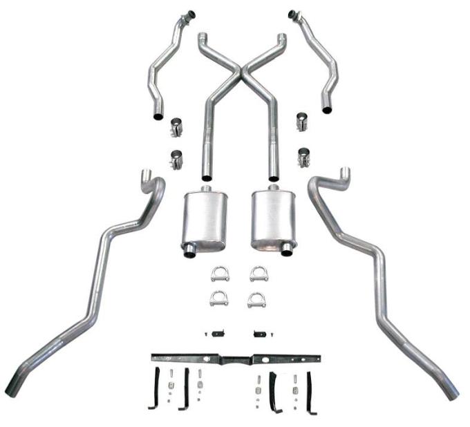 Chevy SCR "X" Turbo Performance Dual 2-1/2" Exhaust System,For Use With 2" Rams Horn Exhaust Manifolds, With Corner Exit Tailpipes, Stainless Steel, 1955-1957