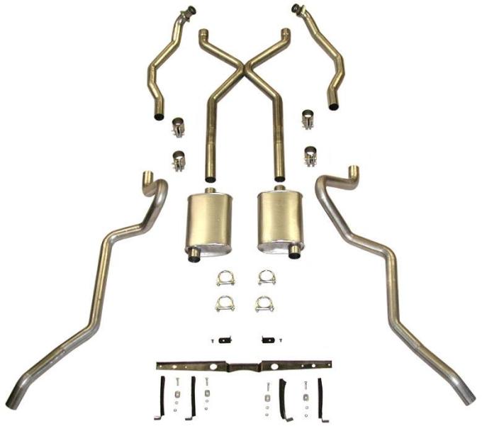 Chevy SCR "X" Turbo Performance Dual 2-1/2" Exhaust System,For Use With 2-1/2" Rams Horn Exhaust Manifolds, With Corner Exit Tailpipes, Small Block Aluminized, 1955-1957