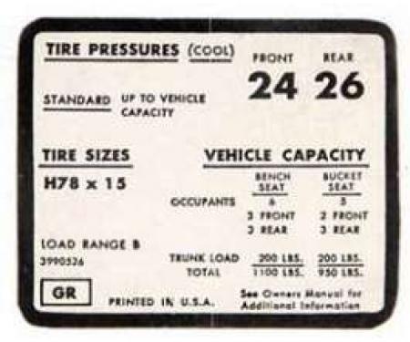 Full Size Chevy Tire Pressure Decal, H78 x 15, 1971-1972