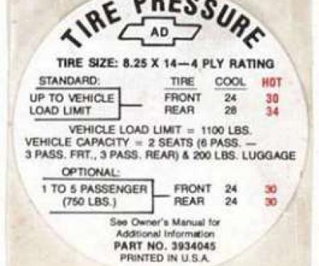 Full Size Chevy Tire Pressure Decal, 8.25 x 14 Convertible, 1968