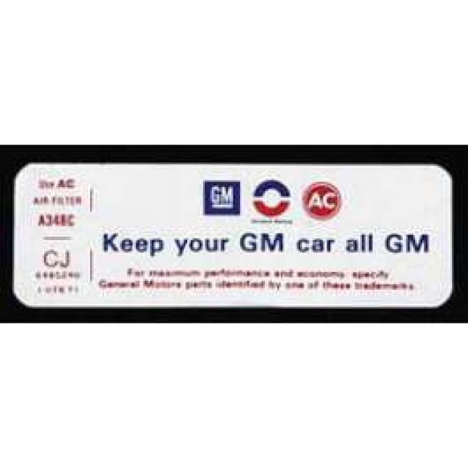 Full Size Chevy Air Cleaner Decal, Keep Your GM Car All GM, 396ci/300hp, 1970