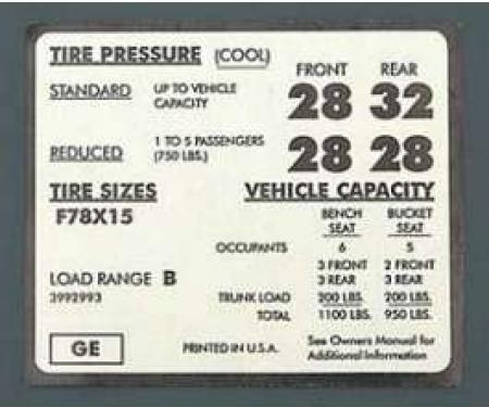 Full Size Chevy Tire Pressure Decal, F78 x 15, 1971-1972