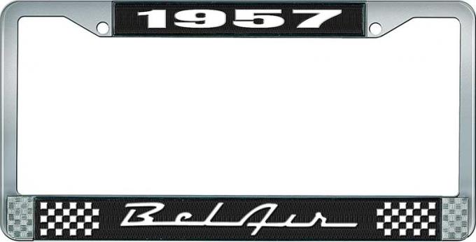 OER 1957 Bel Air Black and Chrome License Plate Frame with White Lettering LF2255701A